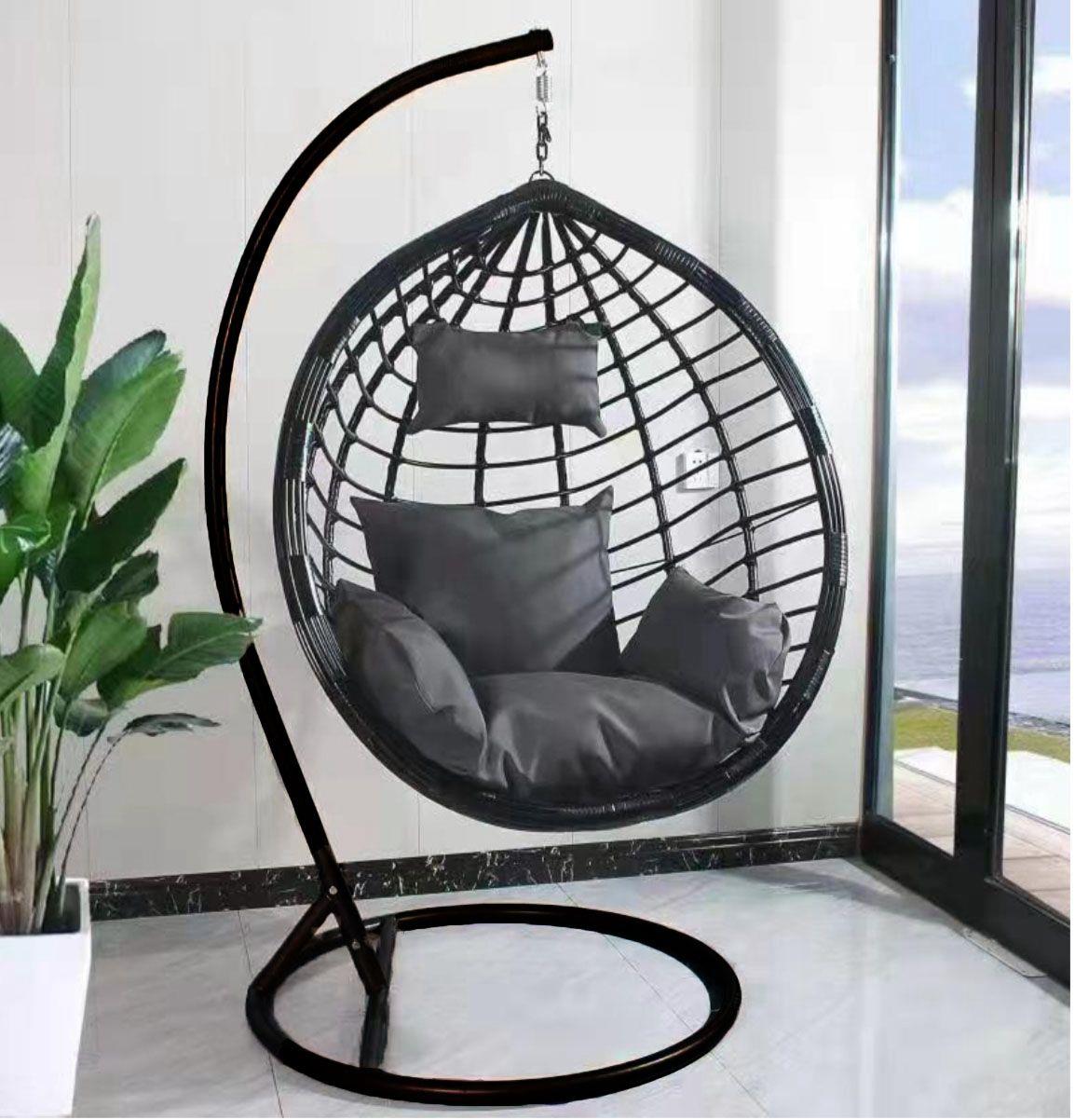 499 BLACK SWING CHAIR W/GRAY CUSHIONS